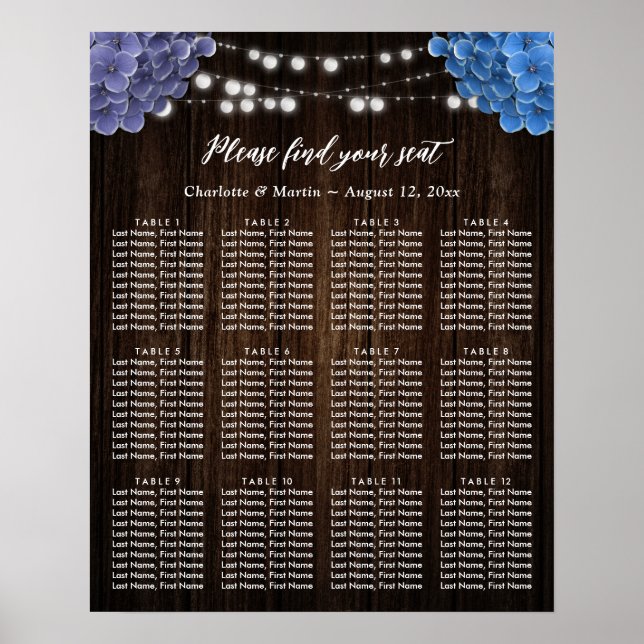 Purple Blue Floral Wedding Seating Chart 12 Poster (Framsidan)