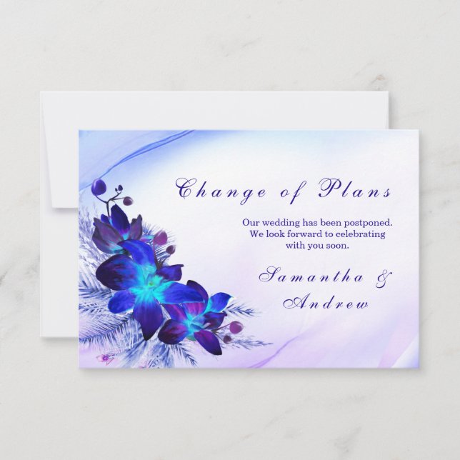 Purple Blue Orchid Wedding Change the Date Card (Framsida)