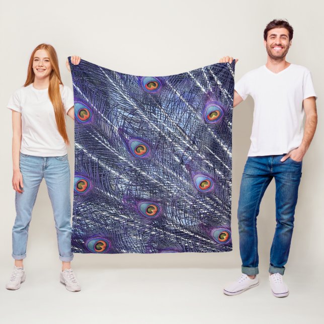 Purple Blue Peacock Feathers Fleece Blanket (På plats)