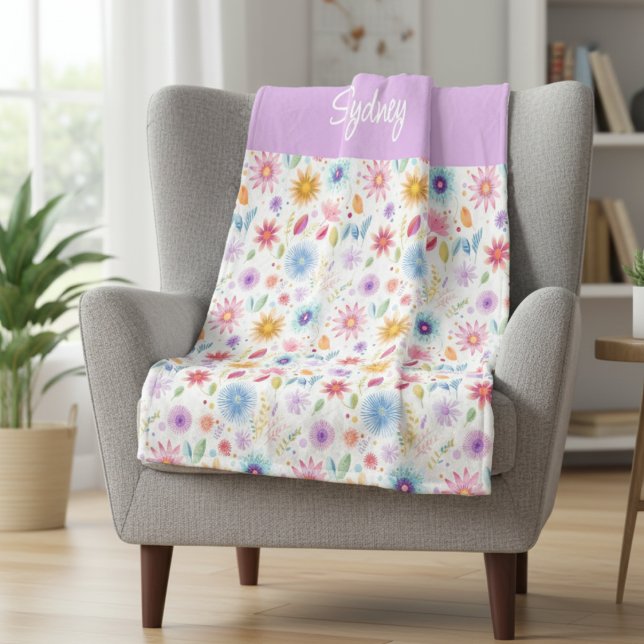 Purple Blue Pink Boho Wildflower Personalized  Fleecefilt (Skapare uppladdad)