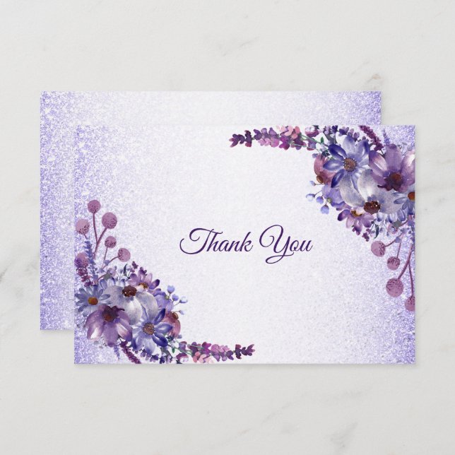 Purple Blue Pink Floral Glitter Elegant Wedding Tack Kort (Fram/baksida)