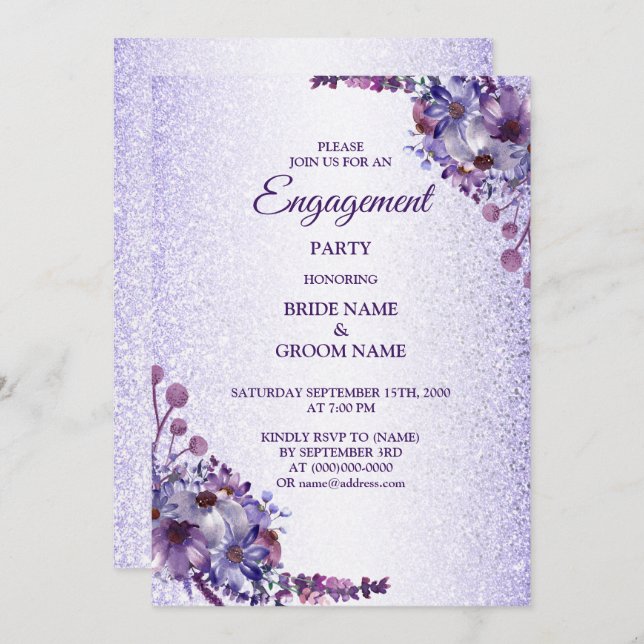 Purple Blue Pink Floral Glitter Engagement Party Inbjudningar (Fram/baksida)