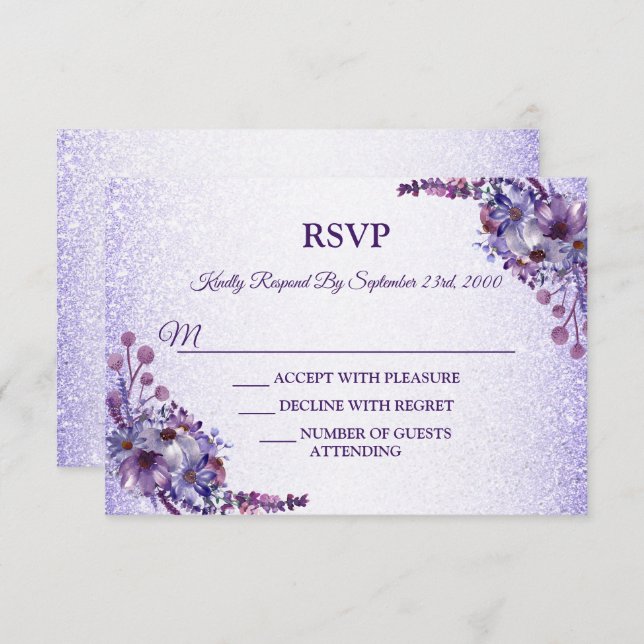Purple Blue Pink Floral Glitter Wedding Party OSA Kort (Fram/baksida)