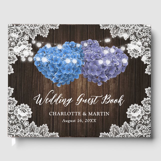 Purple Blue Rustic Wood Floral Lace Burlap Wedding Gästböcker (Framsida)