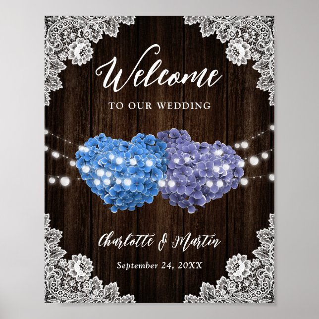 Purple Blue Rustic Wood Lace Wedding Welcome Sign Poster (Framsidan)