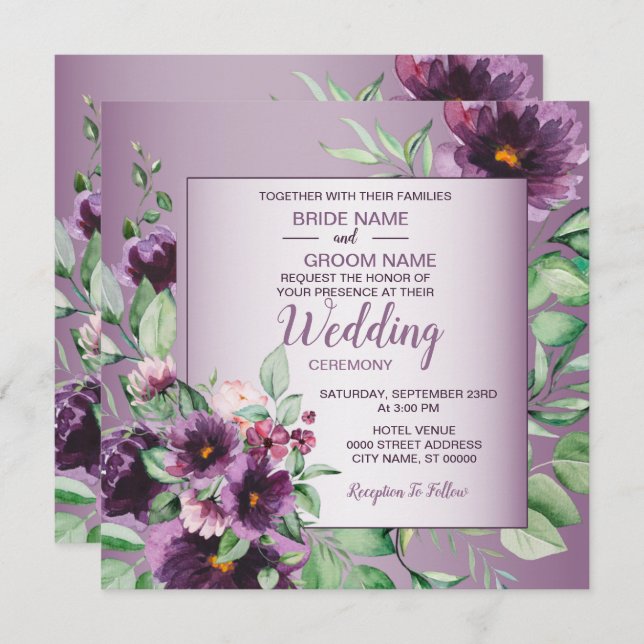 Purple Blush Floral Geometric Greenery Wedding Inbjudningar (Fram/baksida)