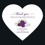 Purple Boho Chic Roses Elegant Wedding Thank You Hjärtformat Klistermärke<br><div class="desc">These beautiful heart shaped thank you stickers are perfect as wedding favor tags or envelope seals. They feature a beautiful rustic boho chic design with your names and the wedding date with a lovely cluster of hand painted watercolor roses and foliage in shades of purple,  lavender,  and plum.</div>