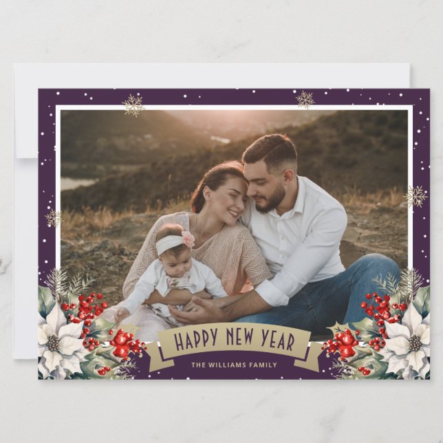 Purple Botanical Snowflake Photo Happy New Year Julkort (Framsida)