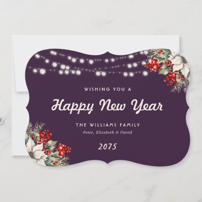 Purple Botanical String Lights New Year Card Julkort (Framsida)