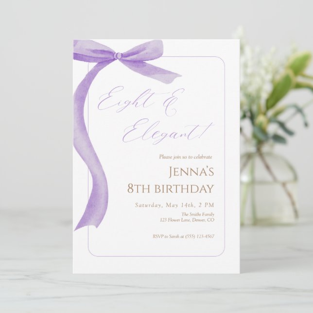 Purple Bow 8th Birthday Invitation  Inbjudningar (Stående Fram)