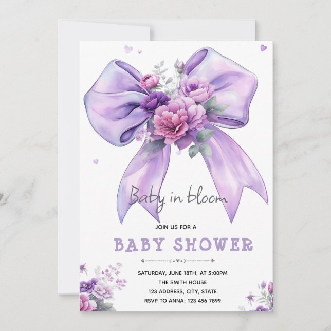 Purple bow baby in bloom invitation inbjudningar (Framsida)