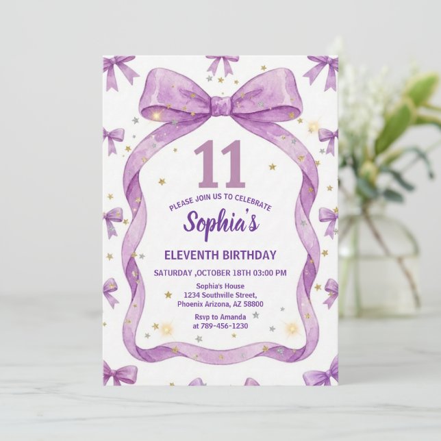 Purple Bow Birthday Invite, Girls 11th Birthday  Inbjudningar (Stående Fram)