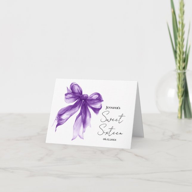 Purple Bow Coquette Script Sweet 16 Thank You  Tack Kort (Framsida)