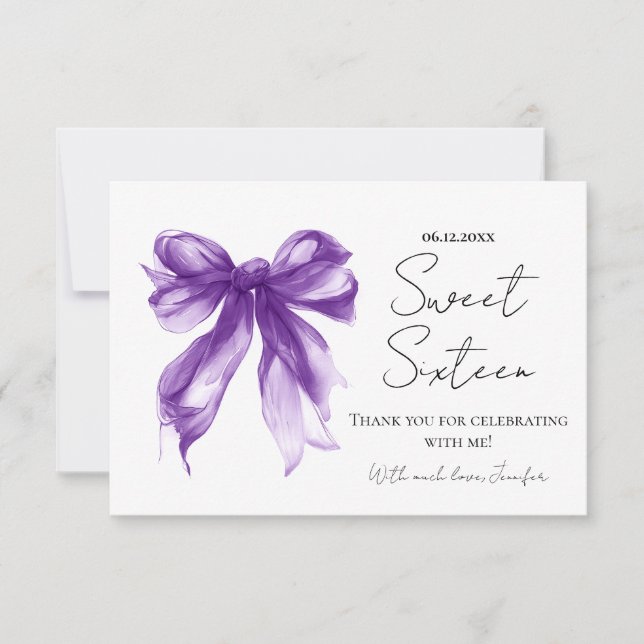 Purple Bow Coquette Script Sweet 16 Thank You  Tack Kort (Framsida)