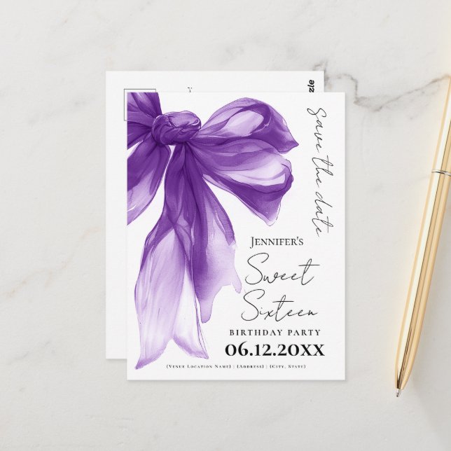 Purple Bow Coquette Sweet 16 Save the Date  Vykort (Fram/Back In Situ)