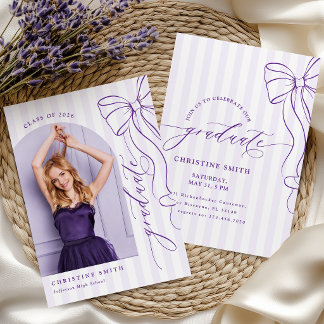 Purple Bow Stripes Graduate Photo Invitation Inbjudningar