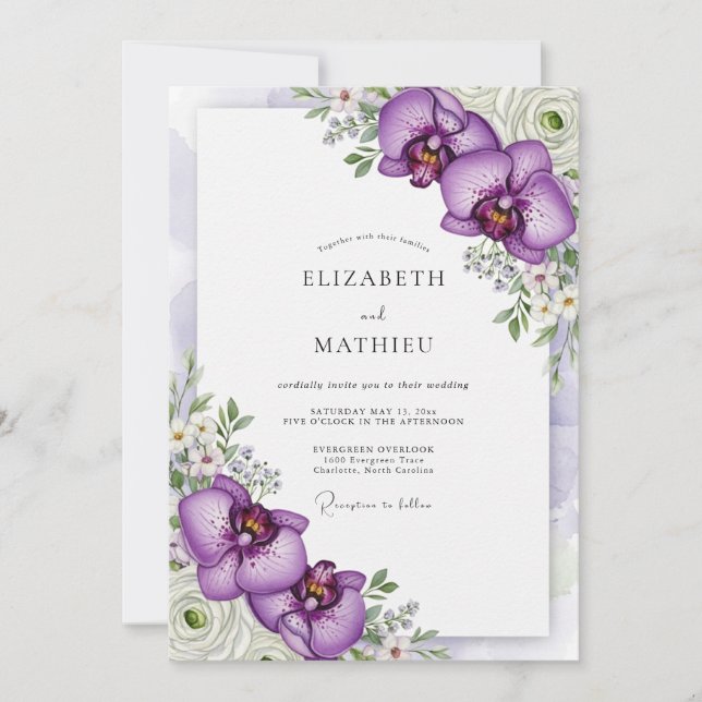 Purple Brilliant Tropical Wedding Inbjudningar (Framsida)