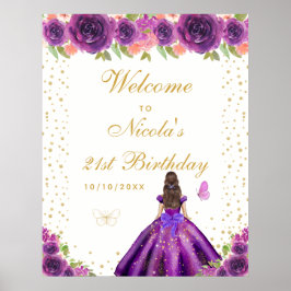 Purple Brunette Hair Girl Birthday Party Welcome Poster