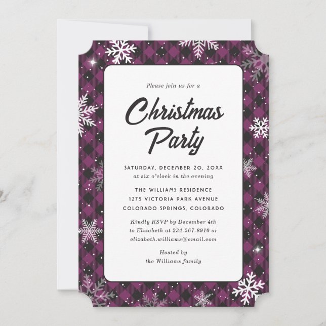 Purple Buffalo Plaid Snowflake Christmas Party Inbjudningar (Framsida)