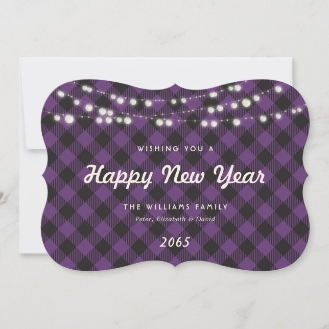 Purple Buffalo Plaid String Lights New Year Card Julkort (Framsida)