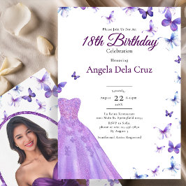 Purple Butterflies And Dress 18th Birthday Debut Inbjudningar