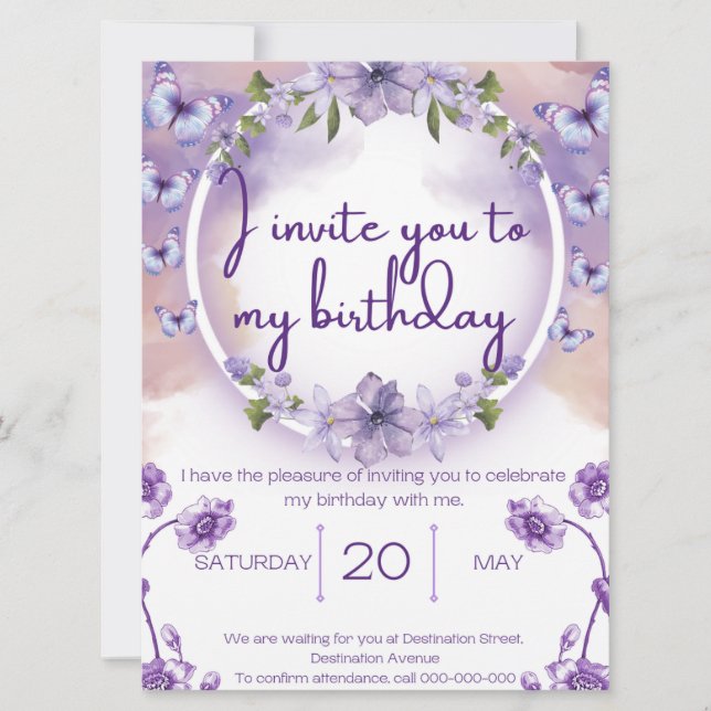 Purple butterflies birthday invitation (Framsida)