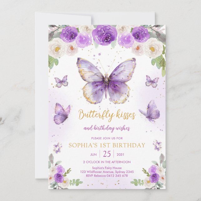 Purple Butterfly Floral Girl Birthday Invitation Inbjudningar (Framsida)