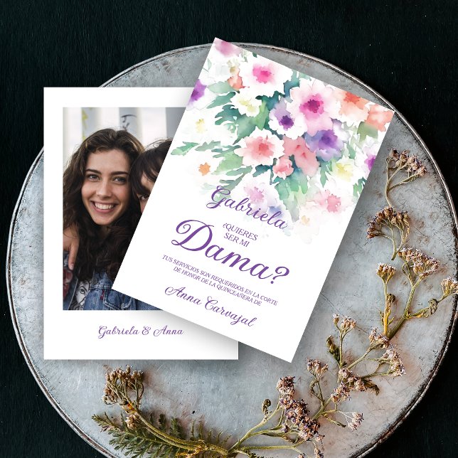 Purple Charming Delicate Wildflowers Quinceañera Inbjudningar (Purple Spanish Charming Delicate Colorful Wildflowers Quinceañera Dama with Photo Proposal Card. )