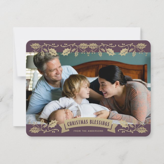 Purple Christmas Blessings Holly Berries Photo Julkort (Framsida)