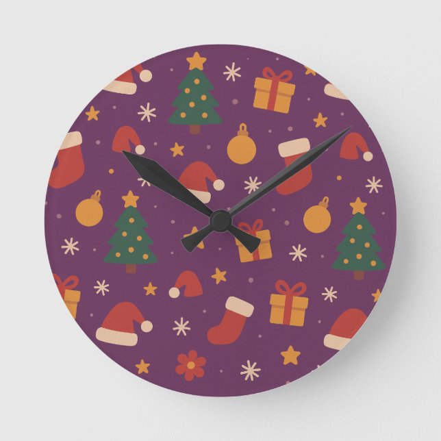 Purple Christmas Pattern Aesthetic – Cute Holiday  Rund Klocka (Framsida)