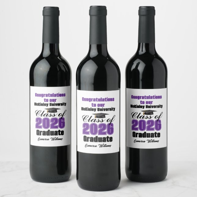 Purple Class of 2026 Graduation Party Custom Vinflaska Etikett (Flaskor)
