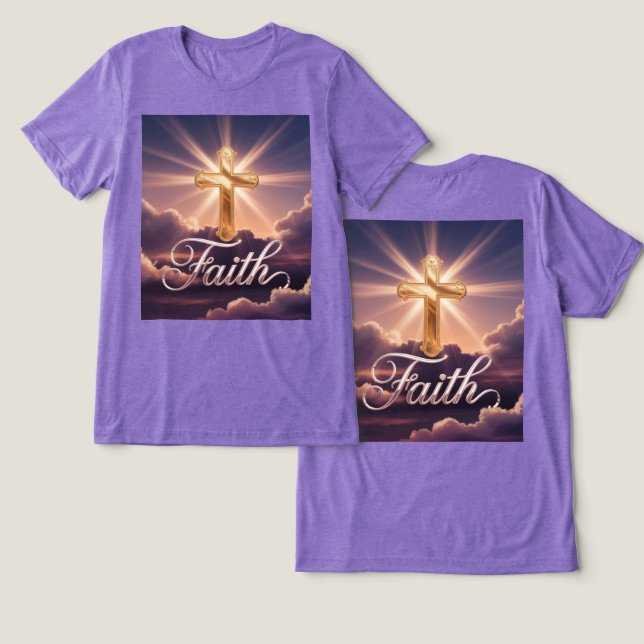 Purple Clouds Gold Cross Faith T Shirt (Design fram och bak)