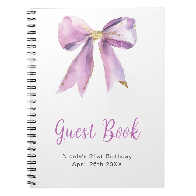 Purple Coquette Bow Birthday Party Guest Book Anteckningsbok (Framsidan)