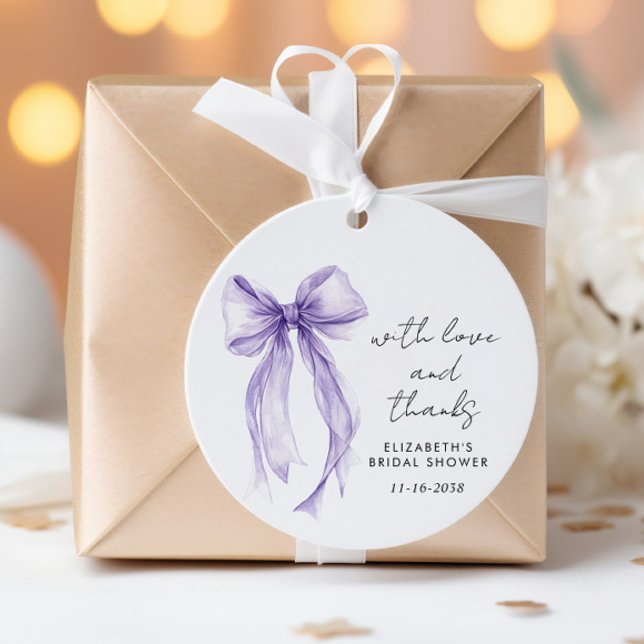Purple Coquette Bow Bridal Shower Thank You Gåvor Etiketter (Purple Coquette Bow Bridal Shower Thank You Favor Tags)