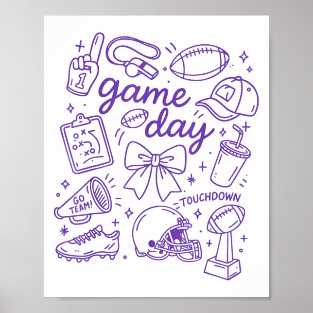 Purple Coquette Bow Cheer Game Day Doodle Touchdow Poster (Framsidan)