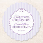 Purple Coquette Bow Pastel Lavender Birthday Party Underlägg Papper<br><div class="desc">Add a touch of playful charm to your celebration with our Coquette Bow Party Decor Collection. Featuring a hand-drawn coquette bow doodle on a dreamy pastel striped background, this grandmillennial-inspired design is perfect for creating a soft, sweet party scene. The pastel purple palette and whimsical bow details bring a feminine...</div>