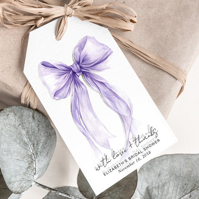 Purple Coquette Bow Watercolor Bridal Shower Presentetikett (Purple Coquette Bow Watercolor Bridal Shower Gift Tags)