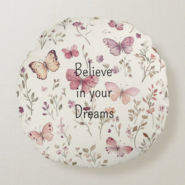 Purple Cream Butterflies Floral Believe Dreams Rund Kudde (Framsidan)