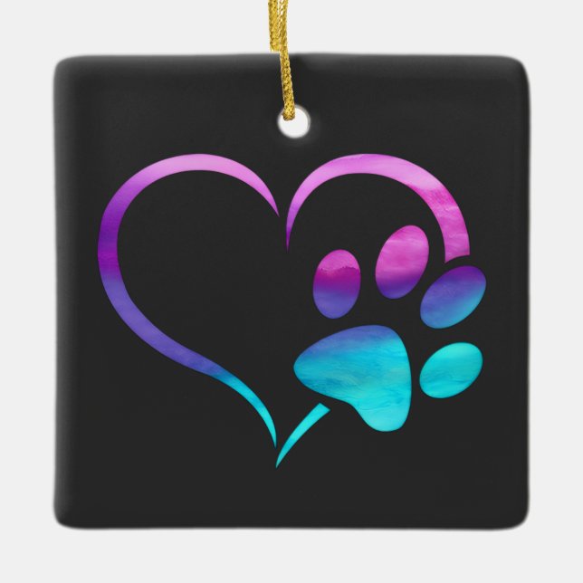 Purple Cyan Dog paw Print Heart  Julgransprydnad Keramik (Framsida)