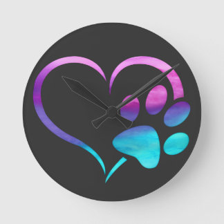 Purple Cyan Dog paw Print Heart  Rund Klocka
