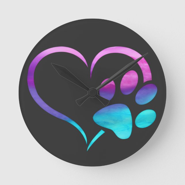 Purple Cyan Dog paw Print Heart  Rund Klocka (Framsida)