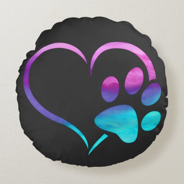 Purple Cyan Dog paw Print Heart  Rund Kudde (Framsidan)