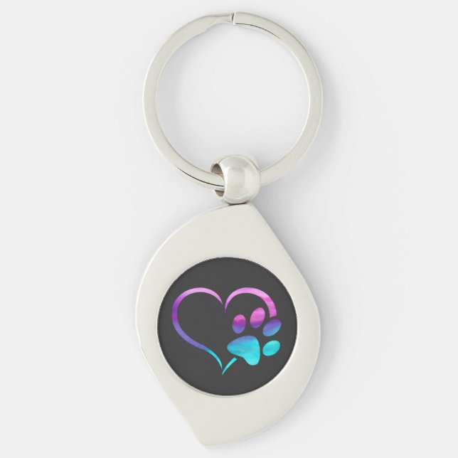 Purple Cyan Dog paw Print Heart  Swirl Silverfärgad Nyckelring (Framsidan)