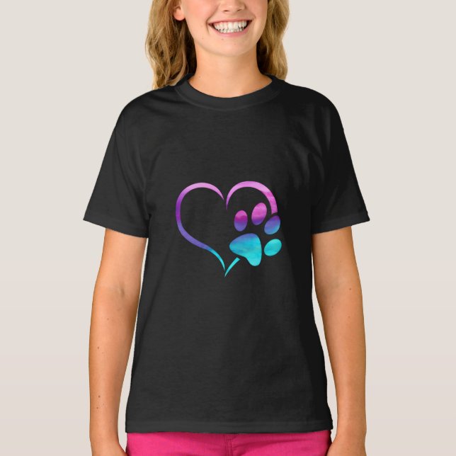 Purple Cyan Dog paw Print Heart  T Shirt (Framsida)