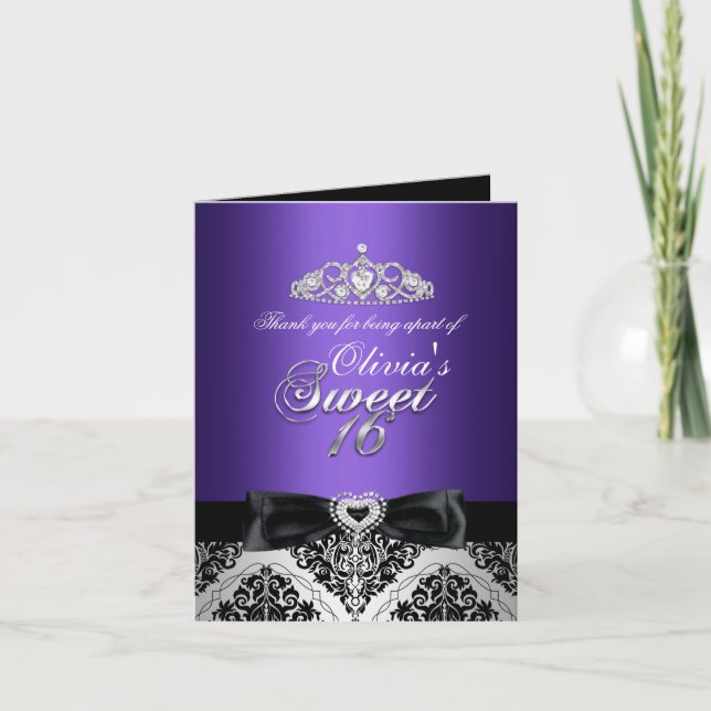 Purple Damask & Bow Sweet Sixteen Thank You Card Tack Kort (Framsida)