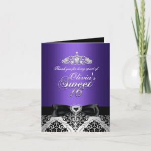 Purple Damask & Bow Sweet Sixteen Thank You Card Tack Kort