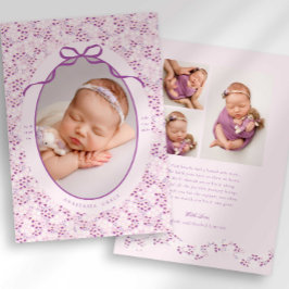 Purple Ditsy Floral Bow Photo Birth Announcement Meddelande