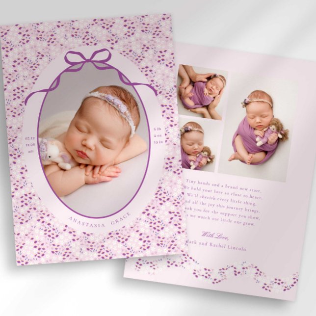 Purple Ditsy Floral Bow Photo Birth Announcement Meddelande (Skapare uppladdad)