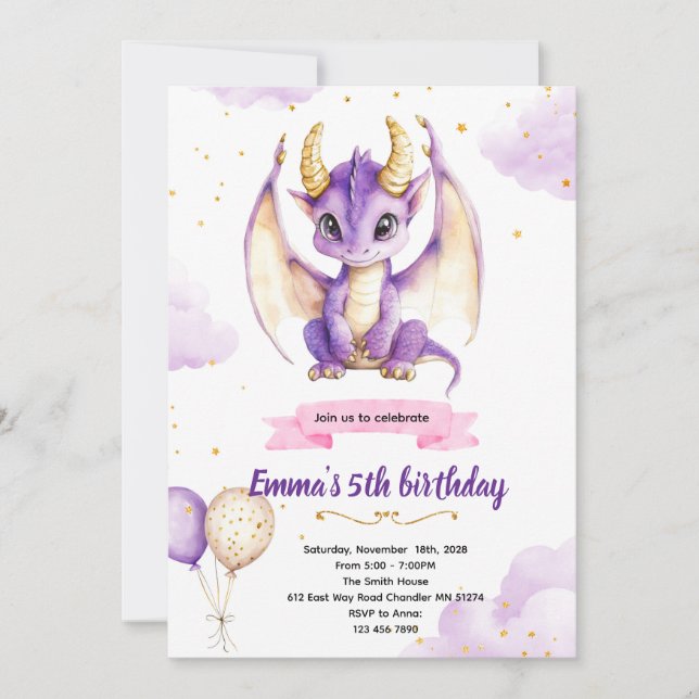 Purple dragon birthday party invitation inbjudningar (Framsida)