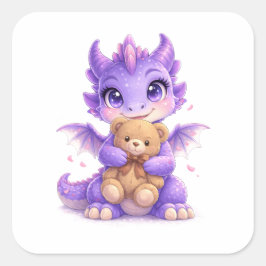 Purple Dragon Teddy Bear Square Sticker Fyrkantigt Klistermärke